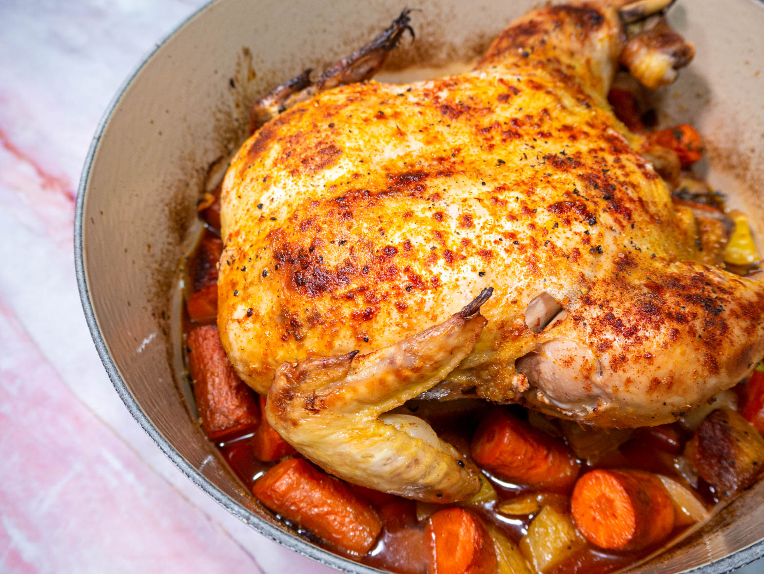 A Whole Roasted Chicken Dinner in a Dutch Oven