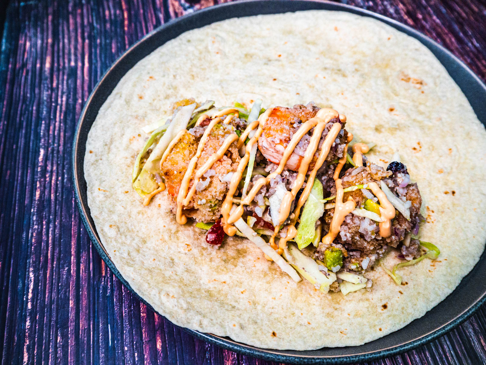 Fried Baja Shrimp Burrito with Chipotle Crema