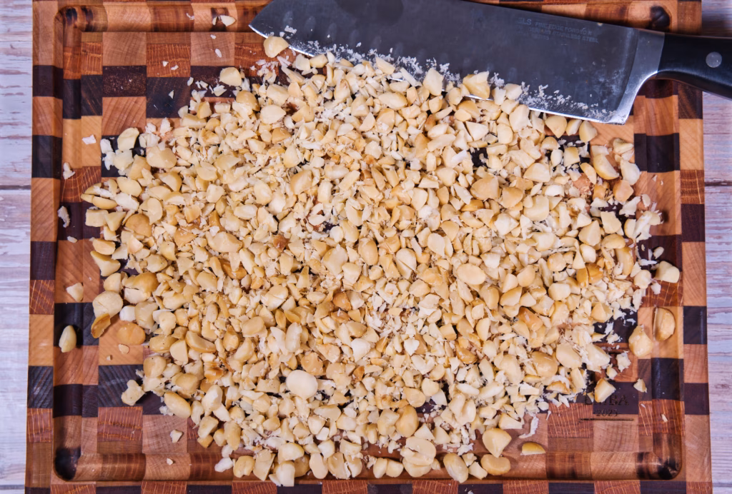 Coarsely chopped macadamia nuts ready to use in our batter and as toppings